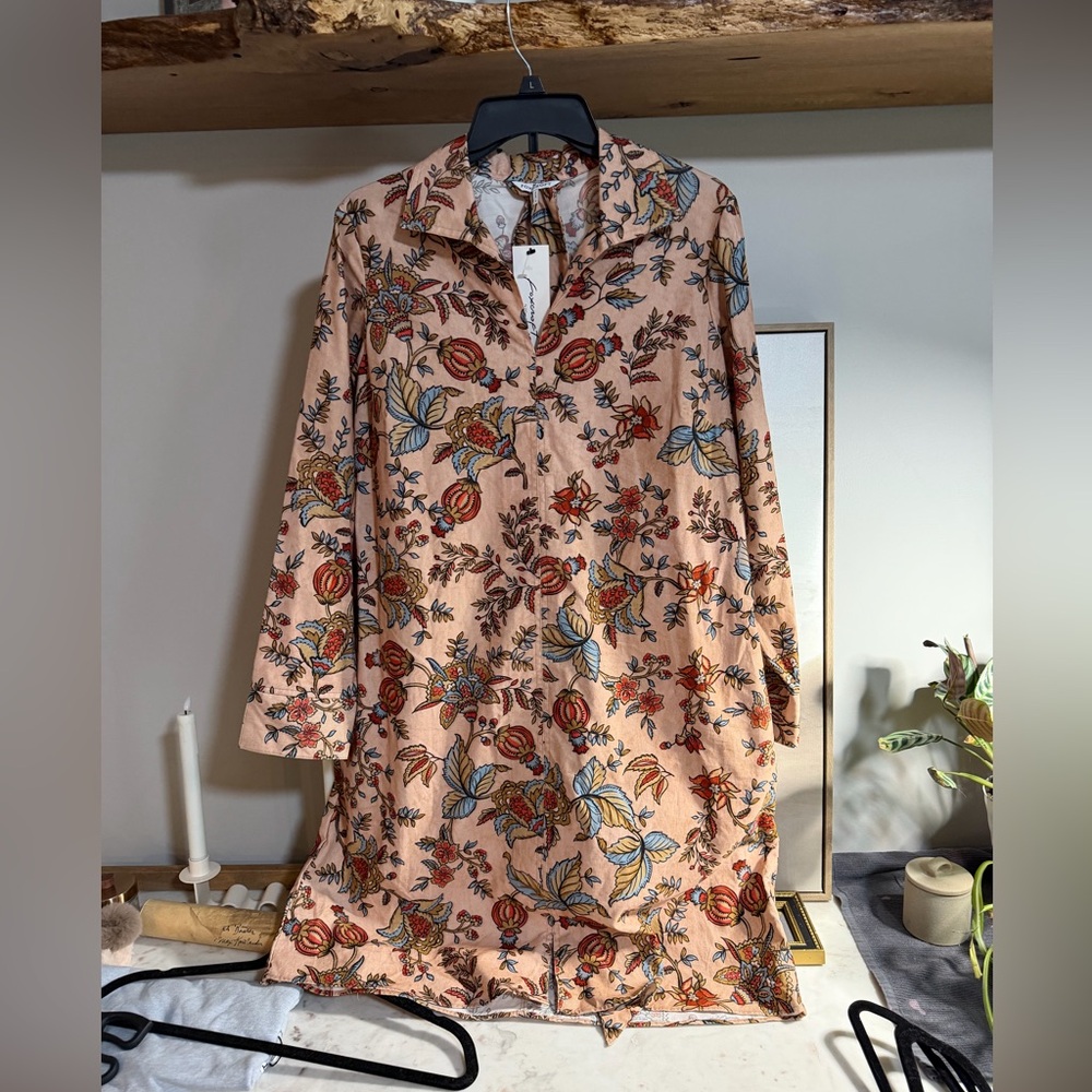 NWT Foxcroft Corduroy Peach Floral Mini V Neck Dress with Belt